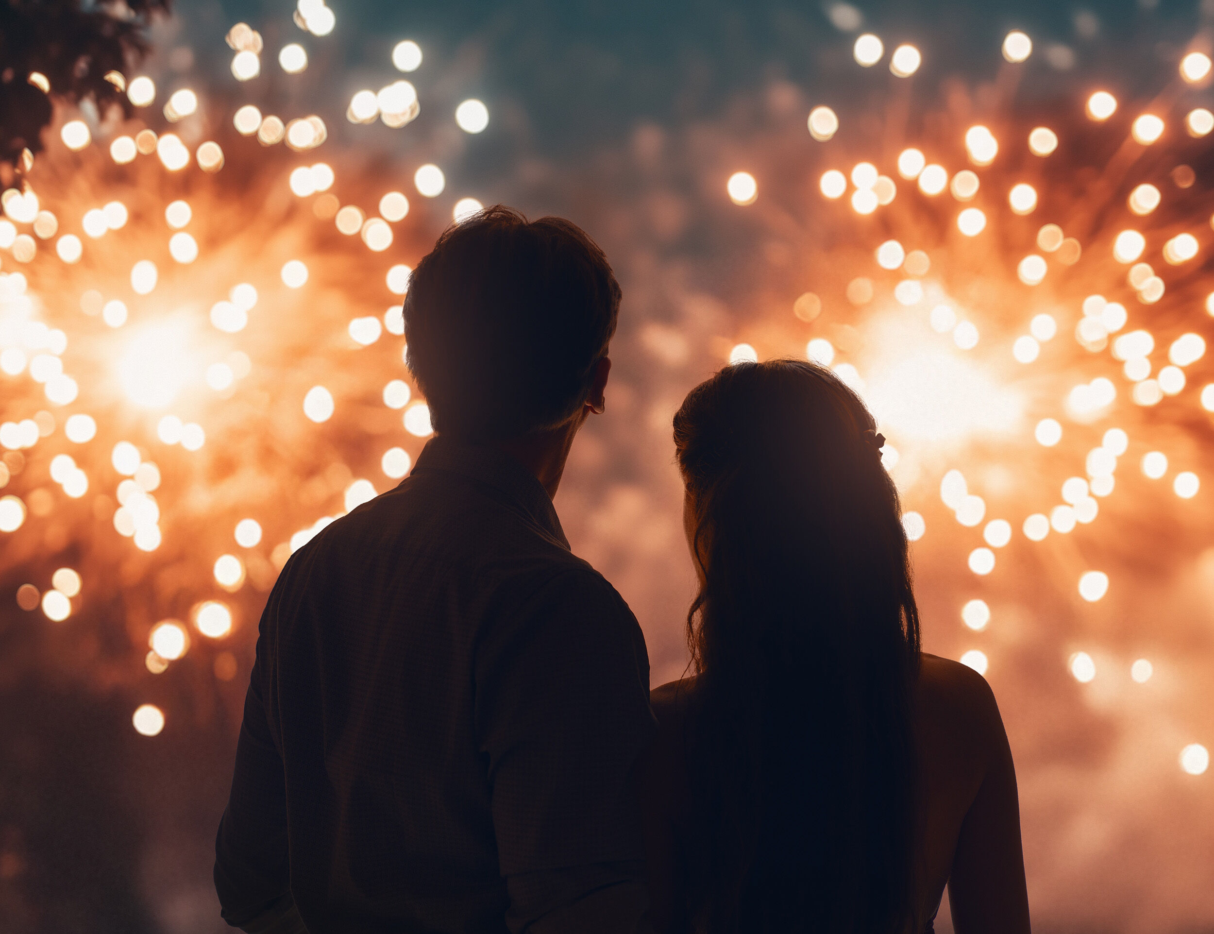 Bride and groom enjoying firecrackers on their wedding ceremony